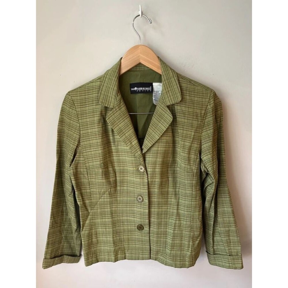 Sag Harbor Dress Petite Green Plaid 2 Piece Blazer Pantsuit Set